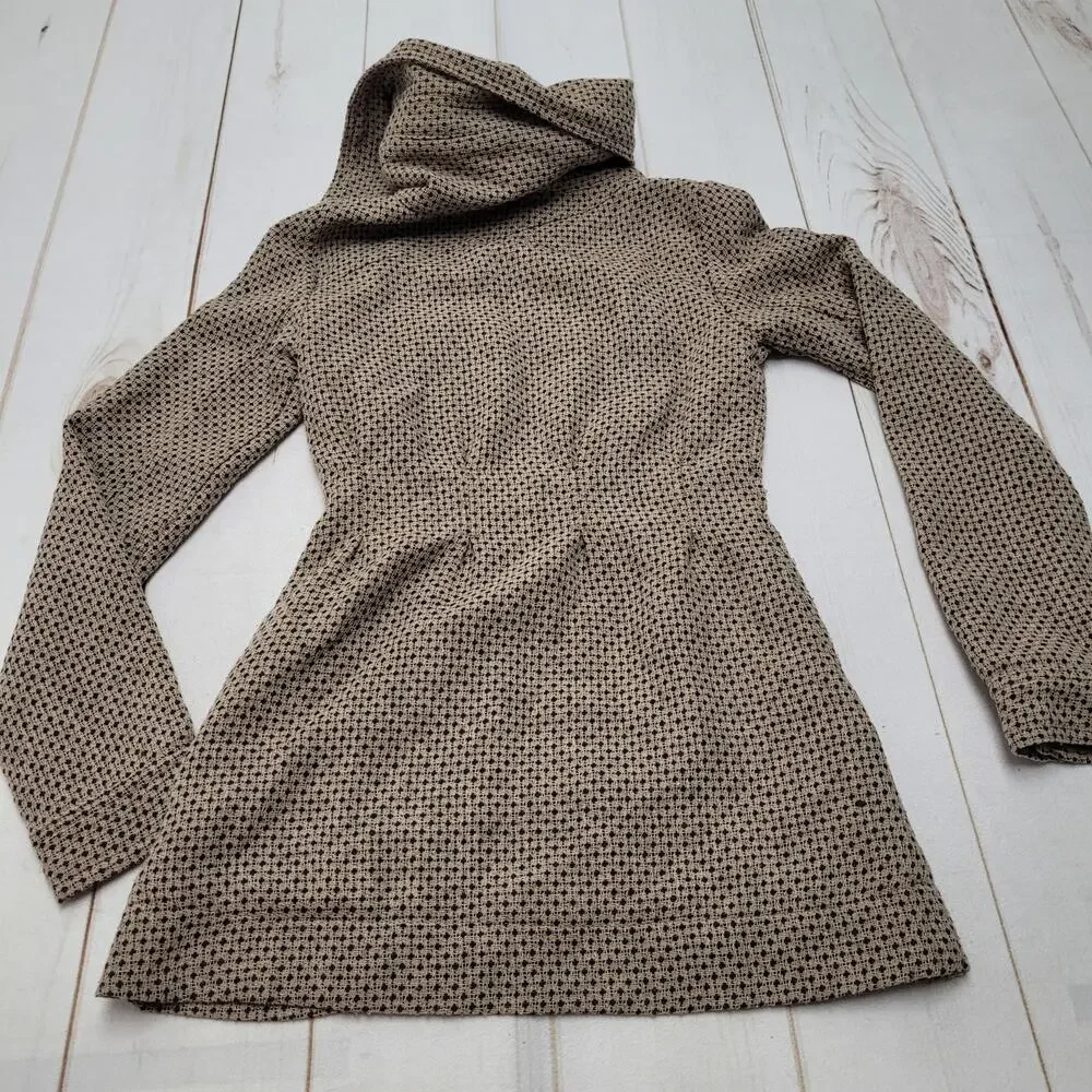 Stussy girls brown wool knit jacket coat mid length button front cowl neck